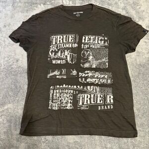 True Religion Men XL Graphic Print Cut Up Buddha Tee Shirt Charcoal Gray